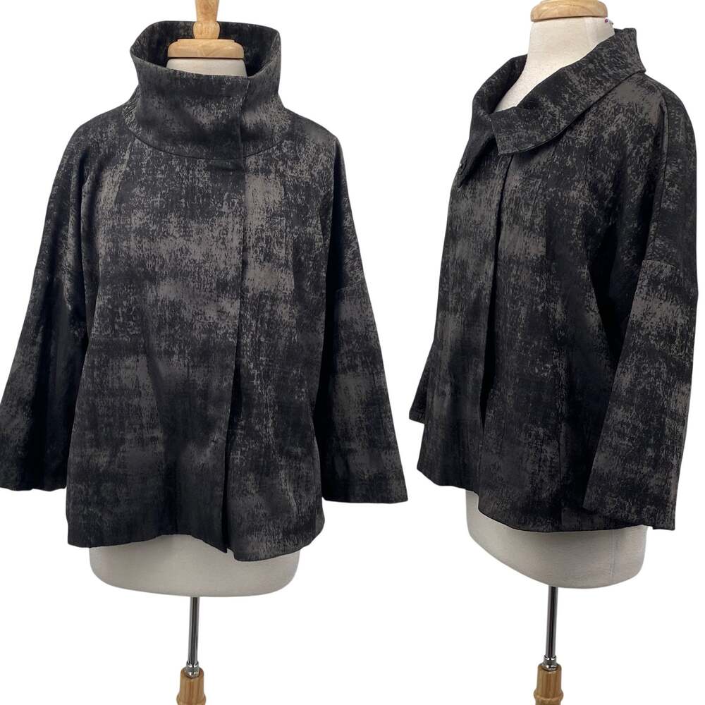Eileen Fisher Grandeur Jacquard High Collar Boxy Jacket Charcoal Gray Large
